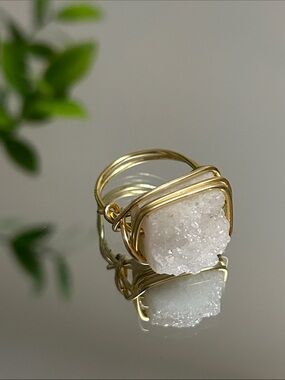 Gold Wire-Wrapped White Druzy Ring - Women Jewelry